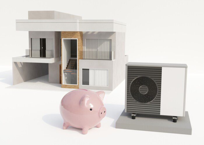 Air heat pump, piggy bank and house on white background. Modern, environmentally friendly heating. Save your money with air source heat pump. Efficient and renewable source of energy.